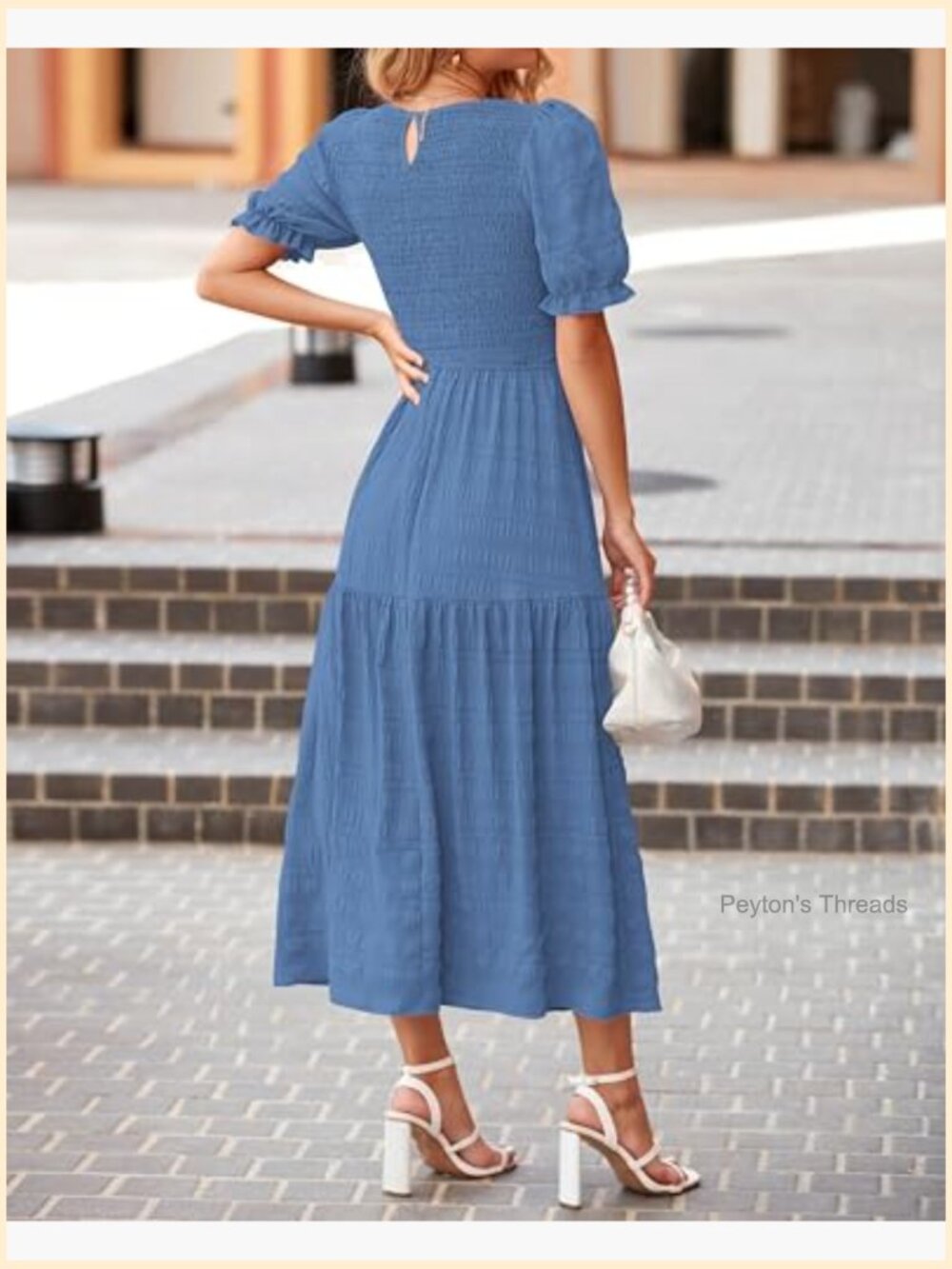 Smocked Puff Sleeve Tiered Maxi Dress Crewneck Ruffle Boho Sundress - Picture 5 of 7